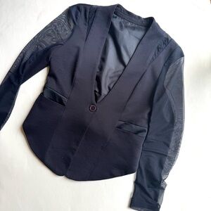 Navy Blue Mesh Cutout Collarless Blazer